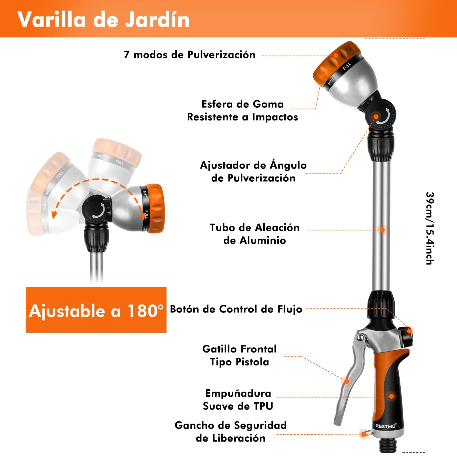 RESTMO 42 cm Largo Pistola de Riego de Metal, Lanza de Riego para Jardín, 7 Modos de Pulverización Ajustable, Ideal para Macetas Colgantes y Arbustos, Naranja