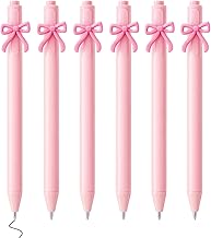 6 Pcs Pink Pen, 0.5mm Pink Pens Black Ink, Bow Rollerball Pens Stationery for Girls, Smooth Retractable Ballpoint for Student Writing Taking Notes School Home Office Supplies