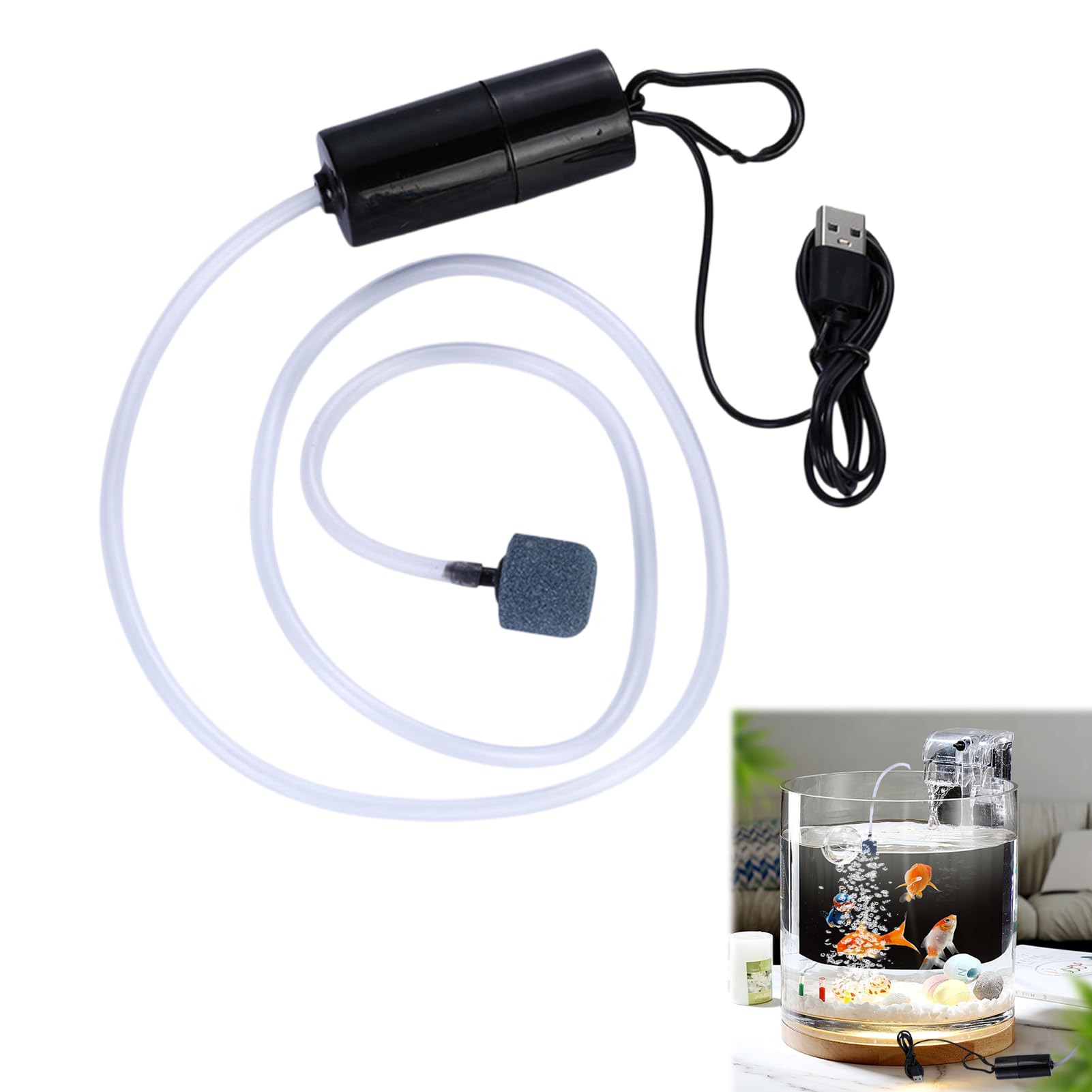 Aquarium Air Pump, Portable USB Fish Tank Air Pump, Oxygen Airpump Fish Tank Bubbler, Portable Aquarium Energy Saving Oxygen Bubbler with Airstone and Single Outlet Silicone Tube (1 W)