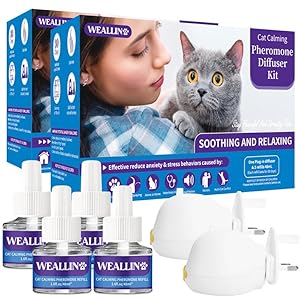 WEALLIN Cat Pheromone Diffuser – Cat Calming Plug-in Relieve Anxiety & Stress – 6-in-1 Cat Pheromones Calming Diffuser Kit with 2 Diffusers + 4 refill 48ml Vial – 4 Months of Comfort and Relaxation