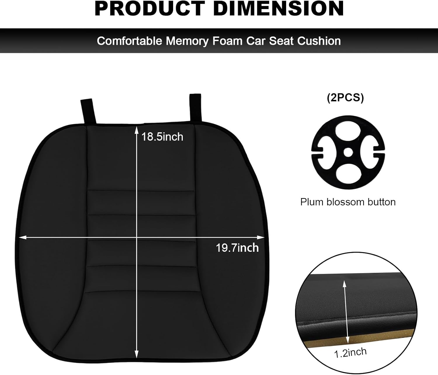Car Seat Cushion, 1.2" Thick Comfort Memory Foam Auto Seat Pad with Non Slip Bottom, Breathable Driver Seats Pillow Pressure Relief Chair Cushion for Vehicle Office Home (Black)