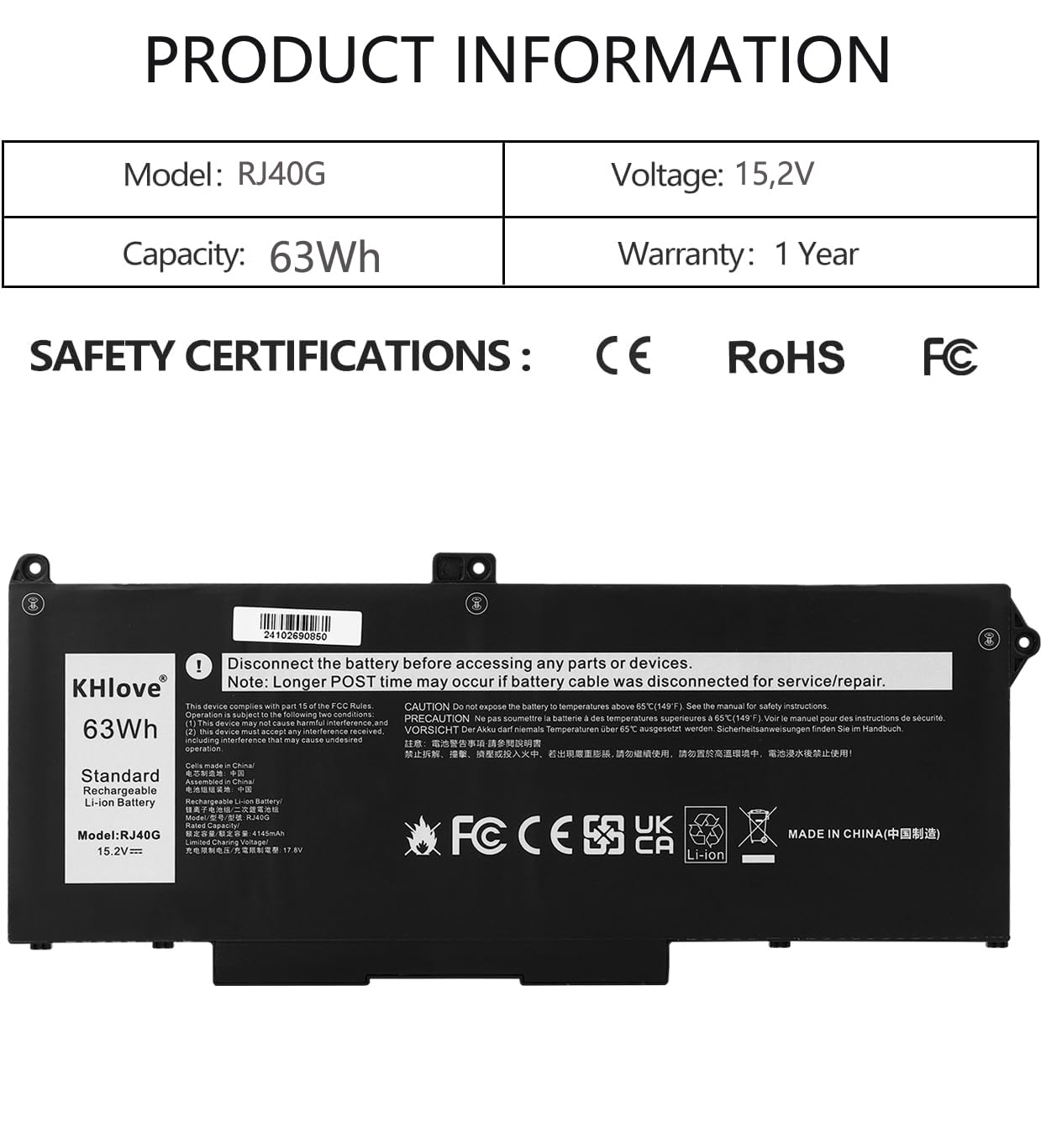 63Wh RJ40G Batteria per Dell Precision 15 3560 Latitude 14 5420 Latitude 15 5520 Series P137G P137G001 P104F P104F001 P104F002 005R42 075X16 01K2CF WY9DX 0WK3F1 0M3KCN Notebook Battery