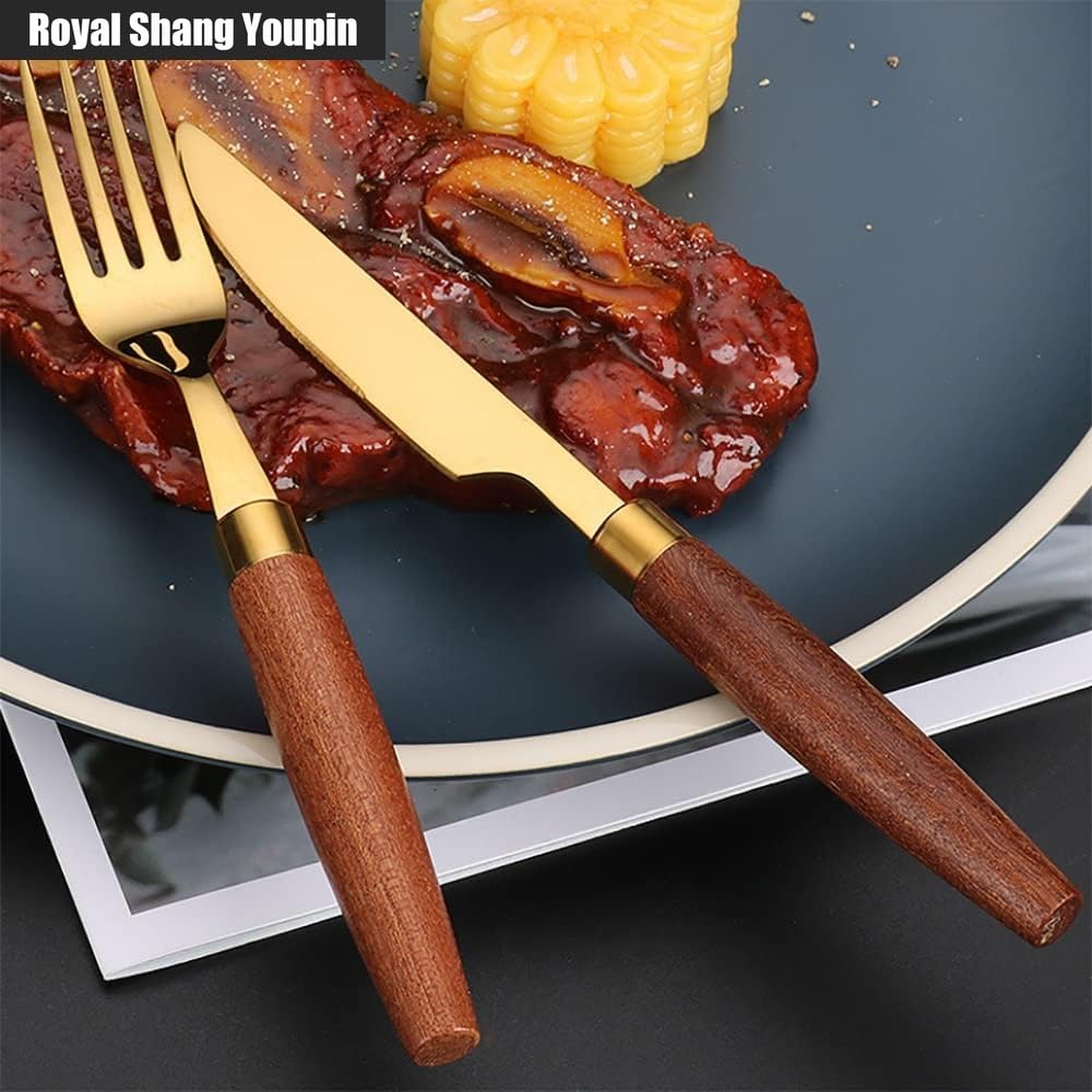 Unico Manico in Legno Da Cucina in Acciaio Inox Posate Posate Posate Set Coltello Da Bistecca Forchetta Cucchiaio Cucchiaino (Oro,16 pezzi)