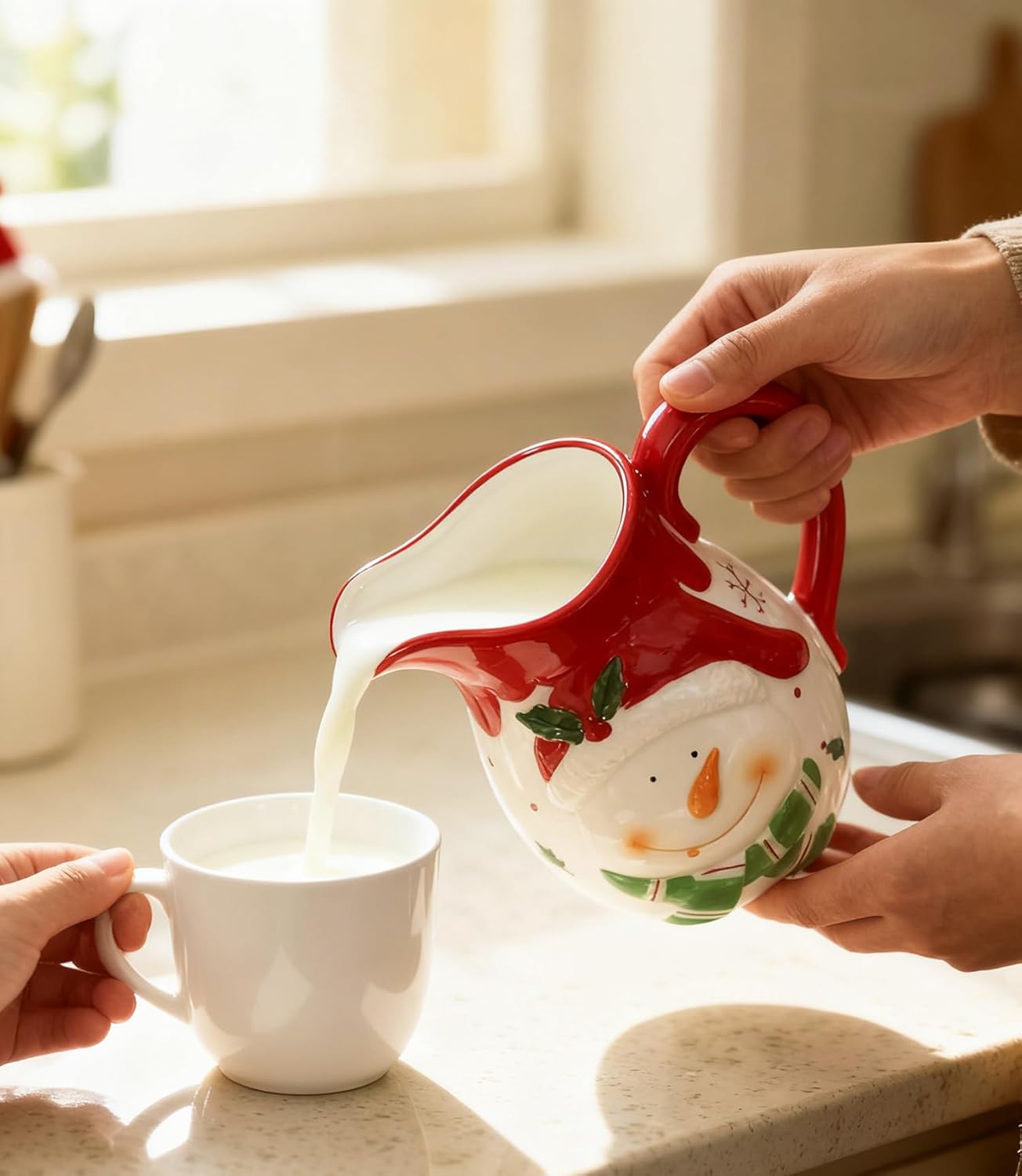 Christmas 58 OZ Large Relief Porcelain Jug, Festive Holiday for Milk, Cream, Juice, Collectible Elegant Tableware for Xmas Celebrations - Rustic Ceramic Vintage Water Bottle Pitcher (Snowman)
