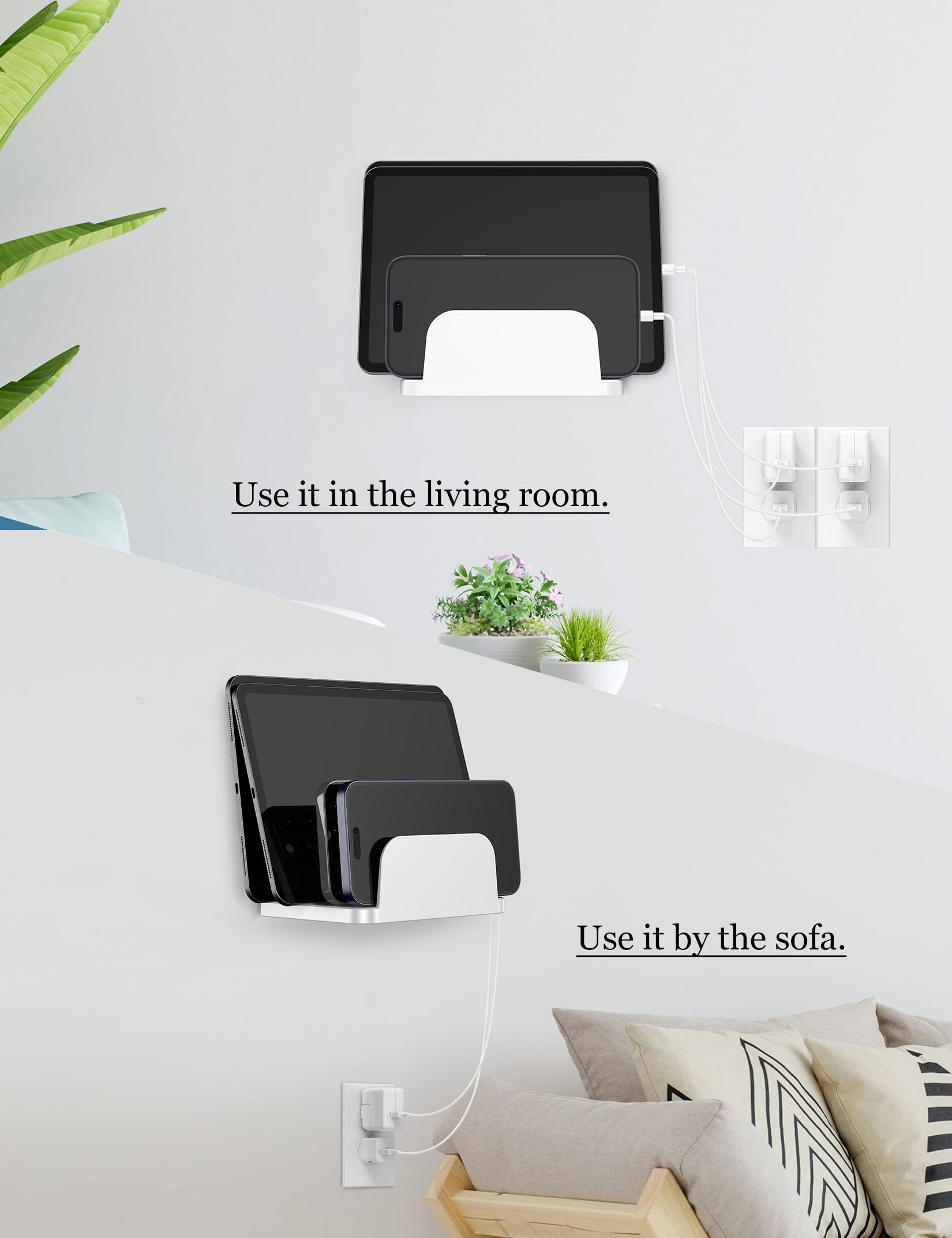 Soporte de pared para teléfonos inteligentes y tabletas, estante para teléfono con estación de acoplamiento de 4 ranuras para tablet, iPad, organizador de carga de pared Kindle (blanco)