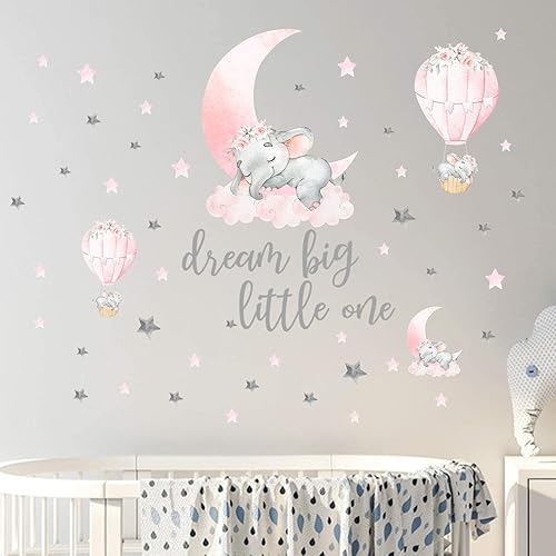 Miniatura 6 de Yovkky Juego de 2 calcomanías de pared con diseño de elefante durmiente en acuarela, soñar con Big Little One, decoración de luna y estrella, nube,