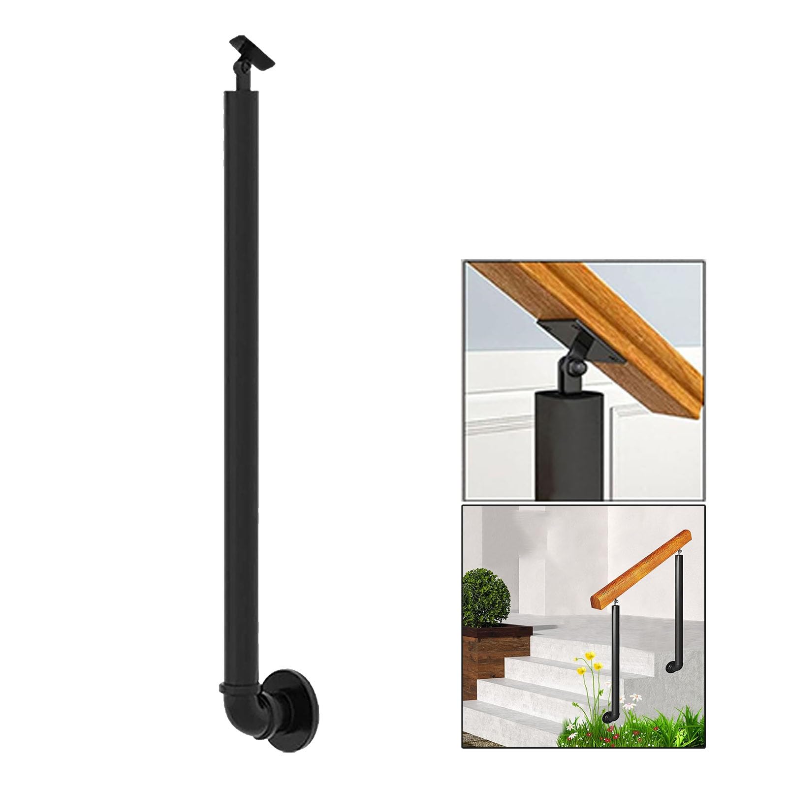 Stair Railings Handrail Banister Metal Iron Posts for Outdoor Front Porch, Round Tube Fence Deck Columns with Screws Kit, Side-Mounted/Black(90cm(35.4in))