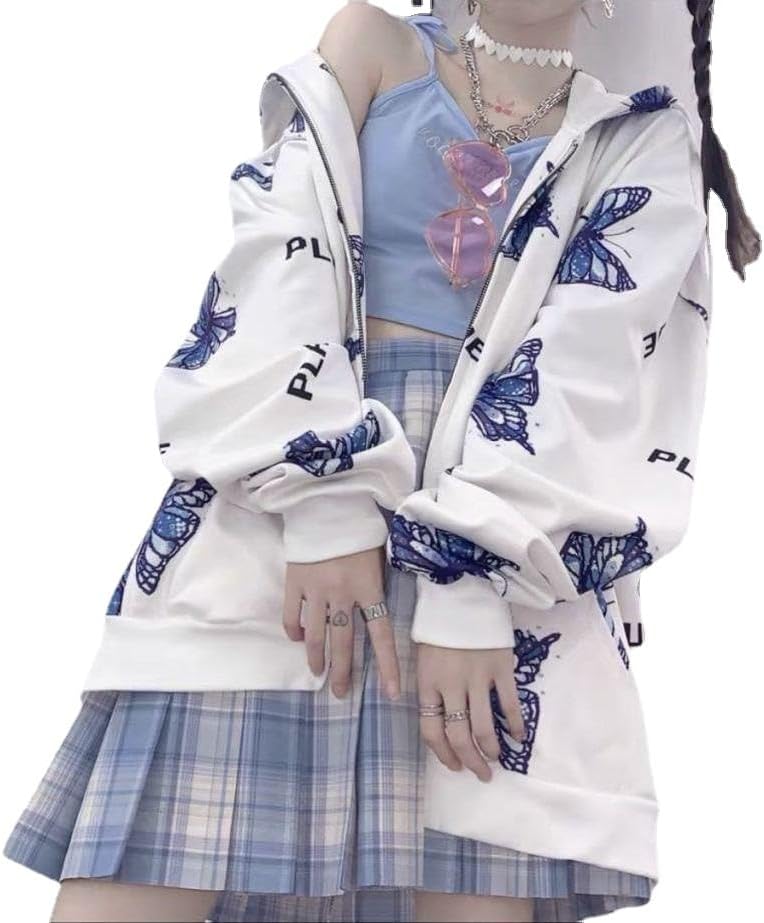 CYee Sudaderas con capucha para mujer, diseño de mariposa, estilo gótico, estético, hombros caídos, Acubi Y2K, con bolsillo
