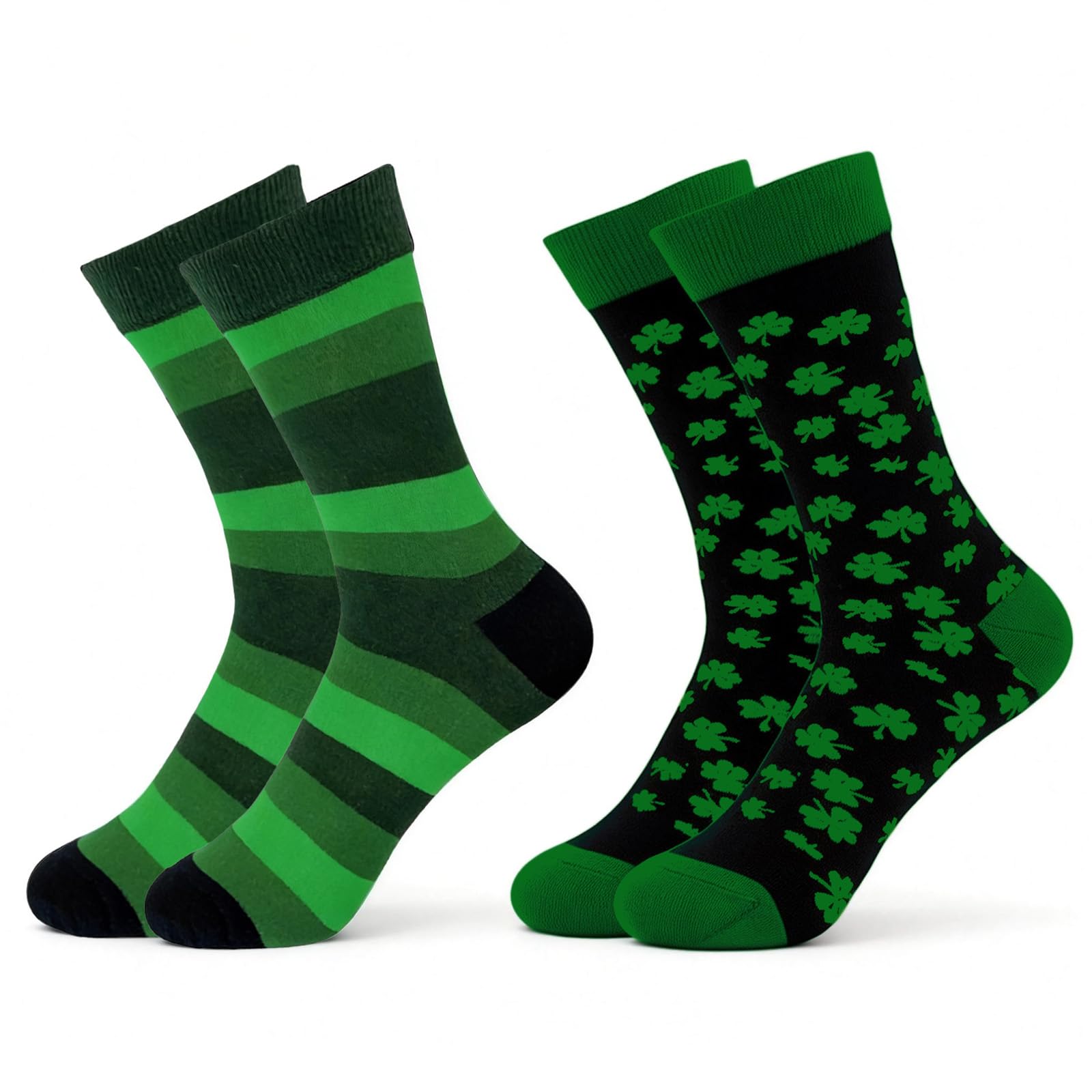 Gullora St. Patrick’s Day Socks for Men and Women 2 Pairs Green Shamrock Crew Dress Socks Black and Green Stripe Irish Novelty Socks Comfortable