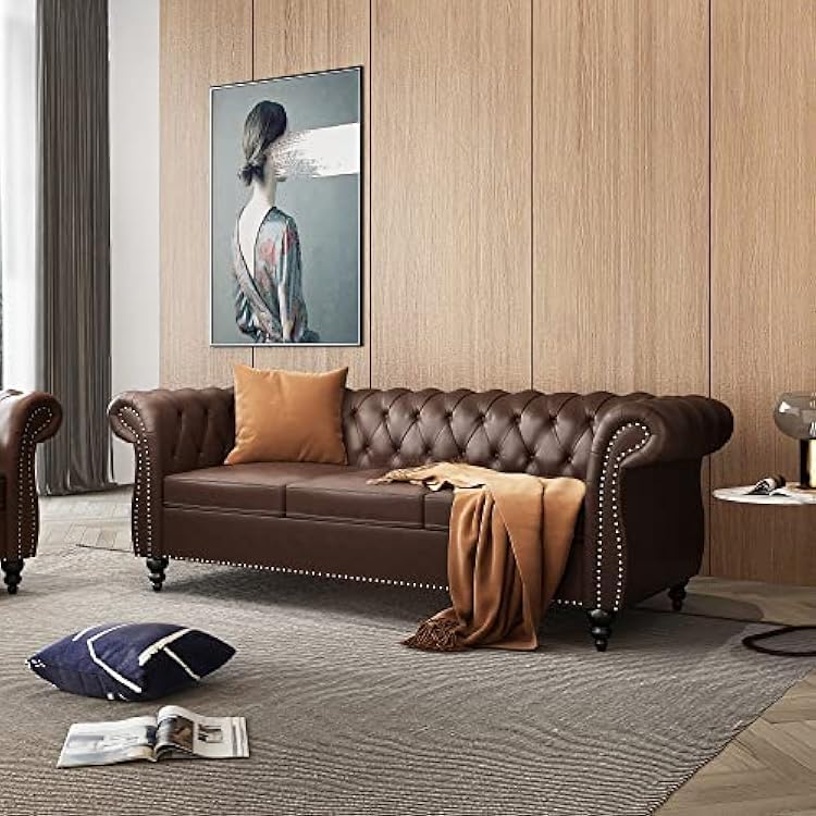 Image of WOODEN WORLD Modern & Classic Leather Sofa Set - Luxurious Comfort, Stylish Design, and Durable Build (Brown, 3 Seater)