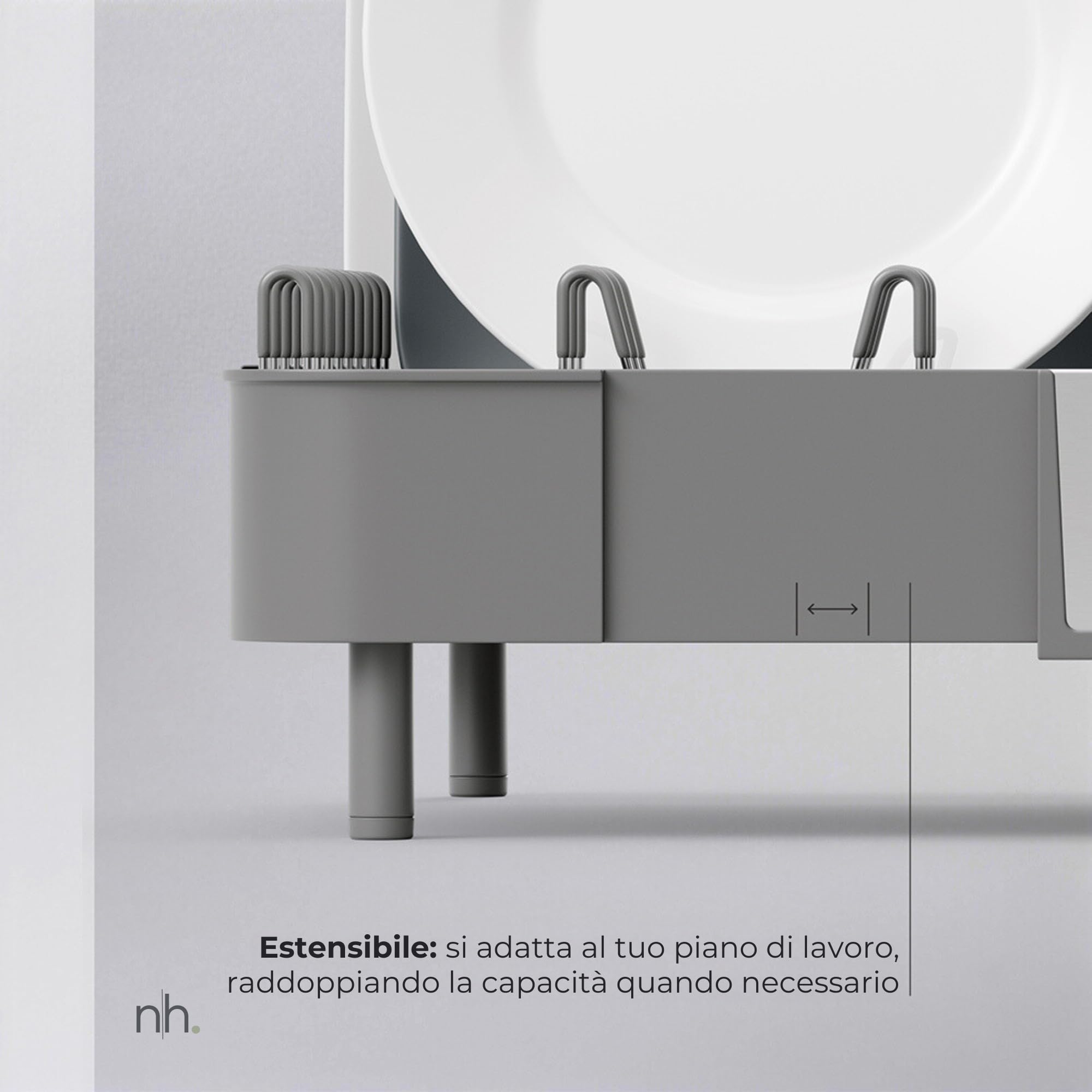 Scolapiatti grigio scuro da appoggio | Estensibile in acciaio inox anti-impronta con beccuccio orientabile | Design compatto ed elegante per cucine moderne