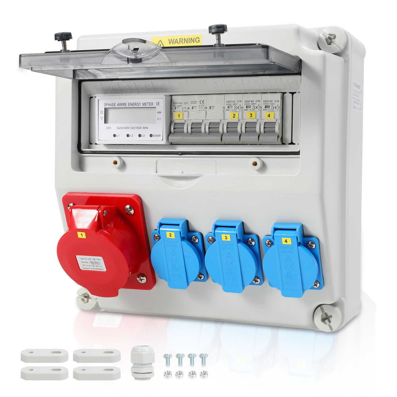 Distribuidor de pared, distribuidor de corriente para construcción, 3 x 16 A, 230 V, 1 x CEE+32 A, 5 pines con interruptor de protección MCB, distribución de corriente de 3 fases, IP44, con