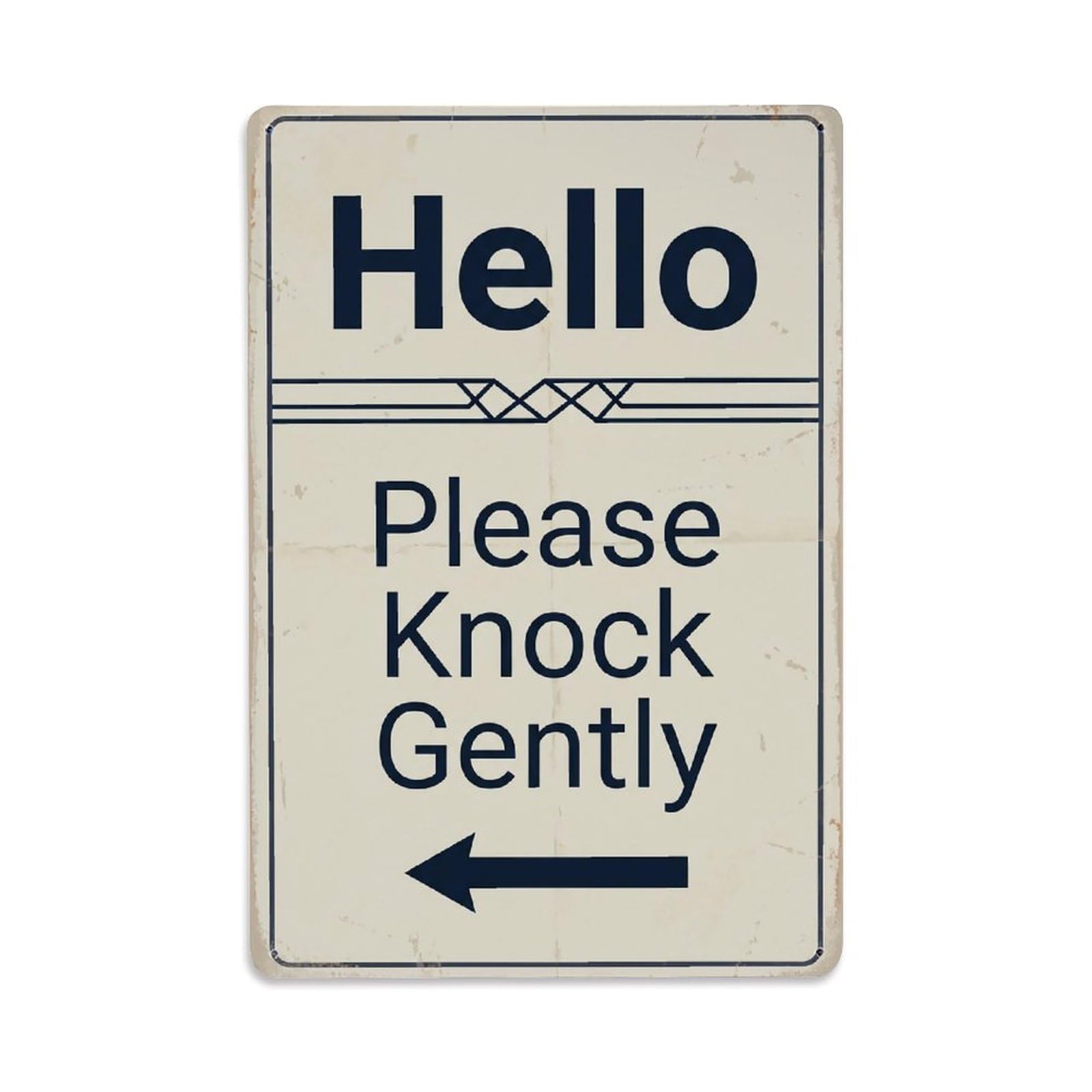 Vintage Hello Please Knock Gently Arrow Geometric Metal Tin Sign