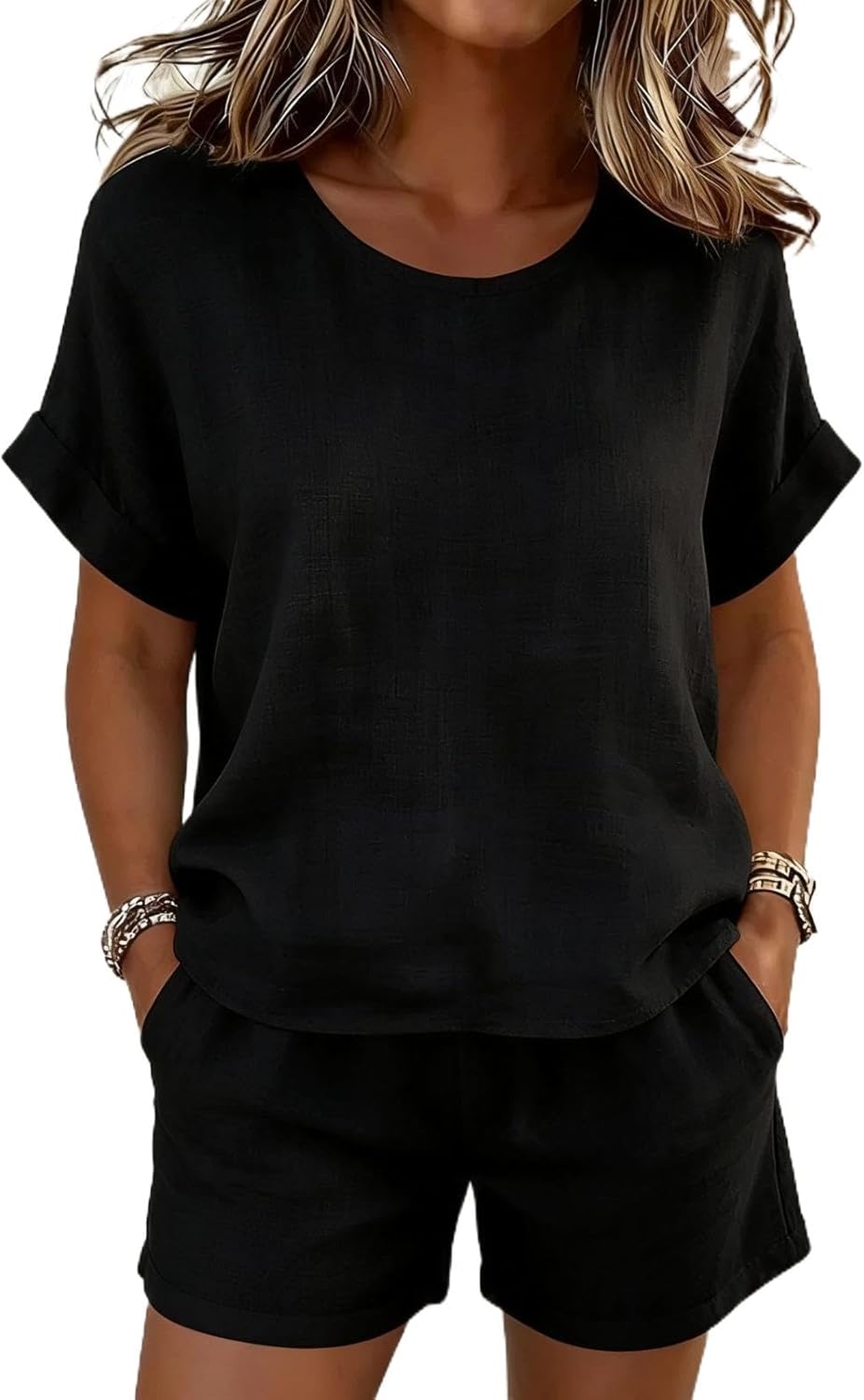 Women's Casual Crewneck Short Sleeve Top and Shorts Set Cotton Linen Two-Piece