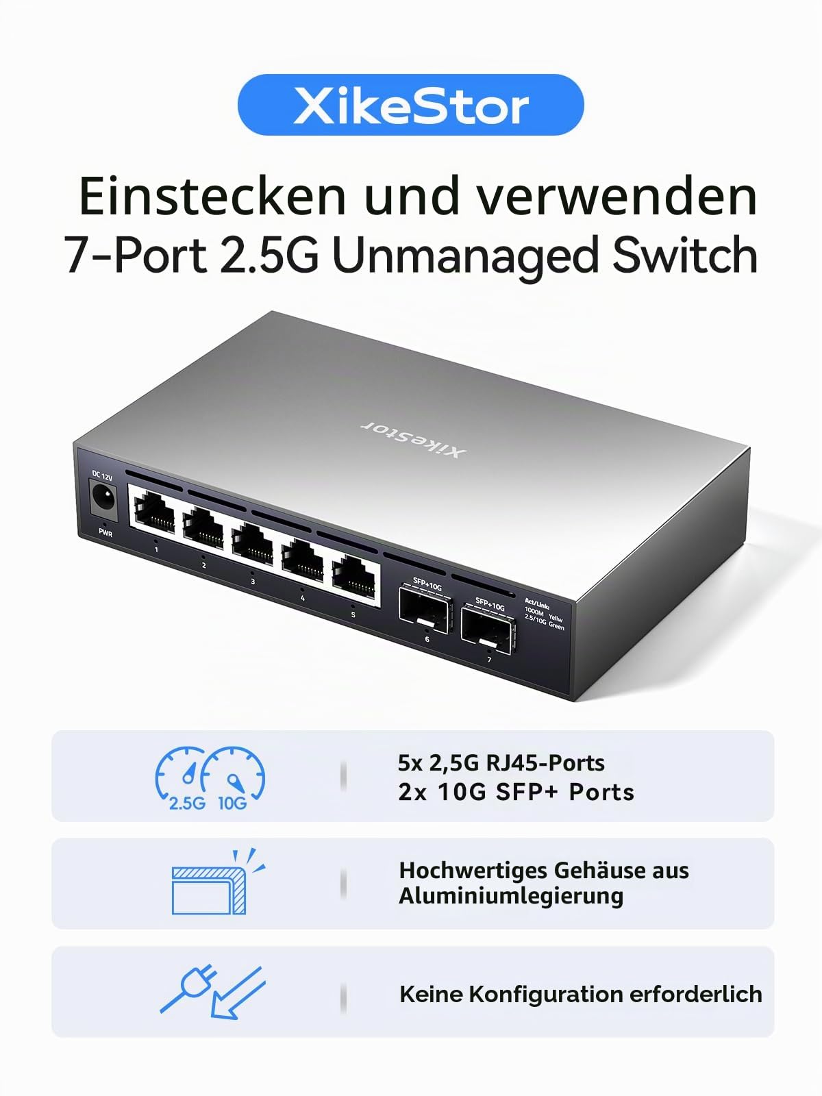 2,5G Unmanaged Ethernet-Switch 5X 2,5GbE RJ45 + 2X 10G SFP+ | Plug-and-play, kein Setup. Lüfterloses Metall, leise. Geringer Verbrauch für Heim, Büro & Überwachung.