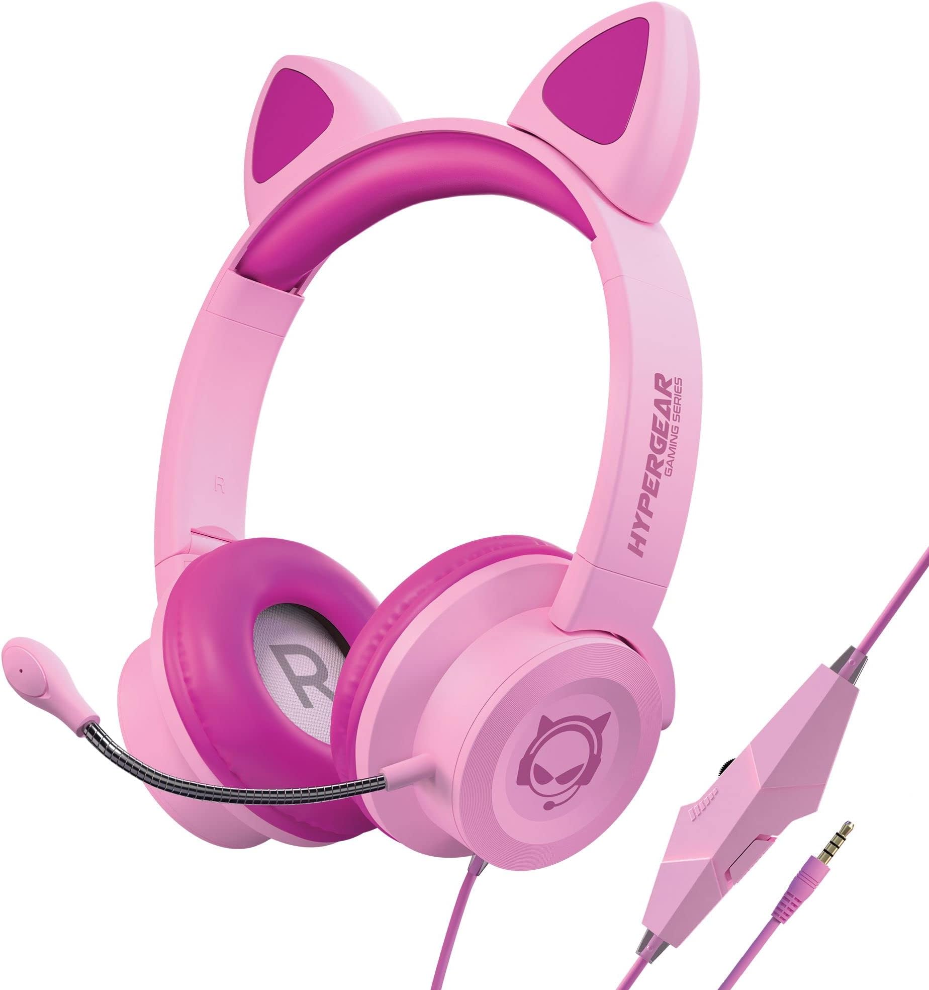 HYPERGEARCat Ears Gaming Headset with Microphone Foldable Wired Headphone for Kids Chatting with Classmates Teammates Gaming Fits PC/Mac & 3.5mm Devices - Pink