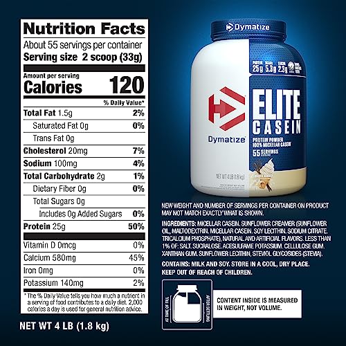 Image of Dymatize Elite Casein Protein Powder, Vanilla, 100% Micellar Casein, 25g Protein, 5.4g BCAAs, 2.3g Leucine, Slow Absorbing for Overnight Muscle Recovery, 4 lb (55 Servings)
