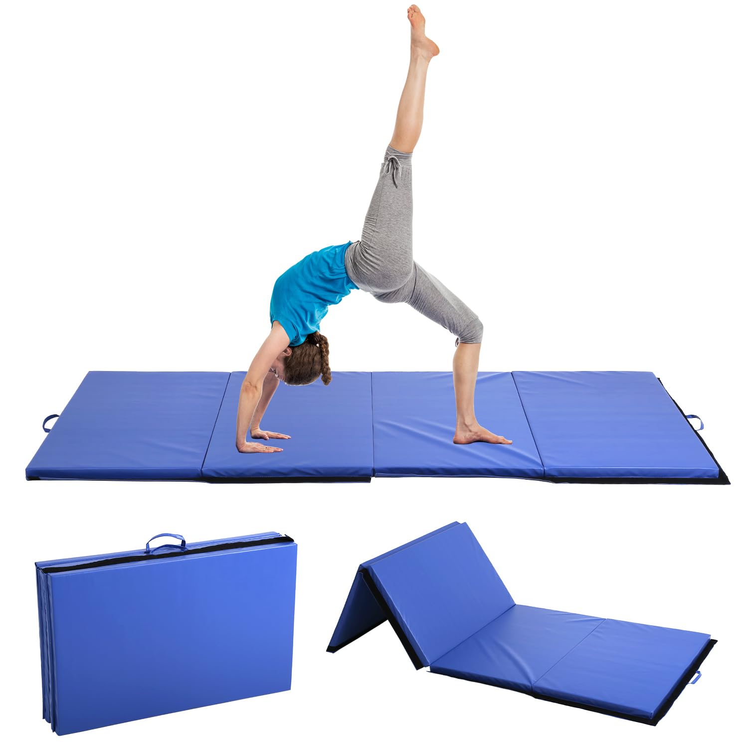 Gymnastics Mat for Tumbling, Folding Tumbling Mat Exercise Mat Gym Mat Tumbling Mats for Kids, Adults, PU Leather Yoga Mat with Carrying Handles