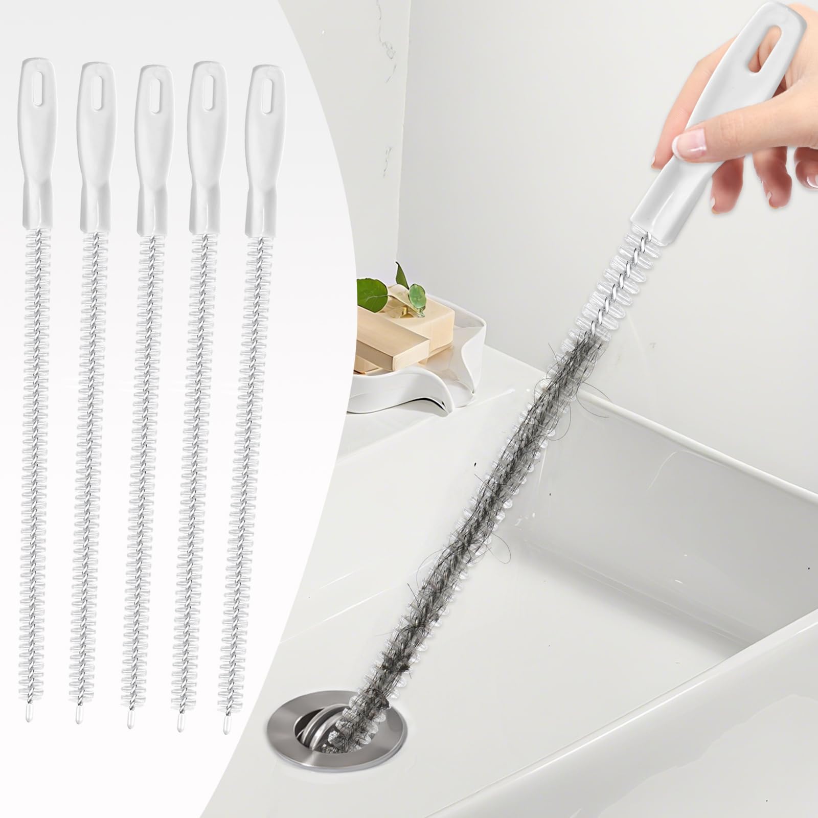 MOXYOY 5Pcs Sink Cleaning Brush, 45cm Flexible Sink Unblocker Tool, Drain Brush Drain Unblocker Tool for Kitchen Bathroom Drain and Pipe Unblocks Hair, Overflow & Sewer
