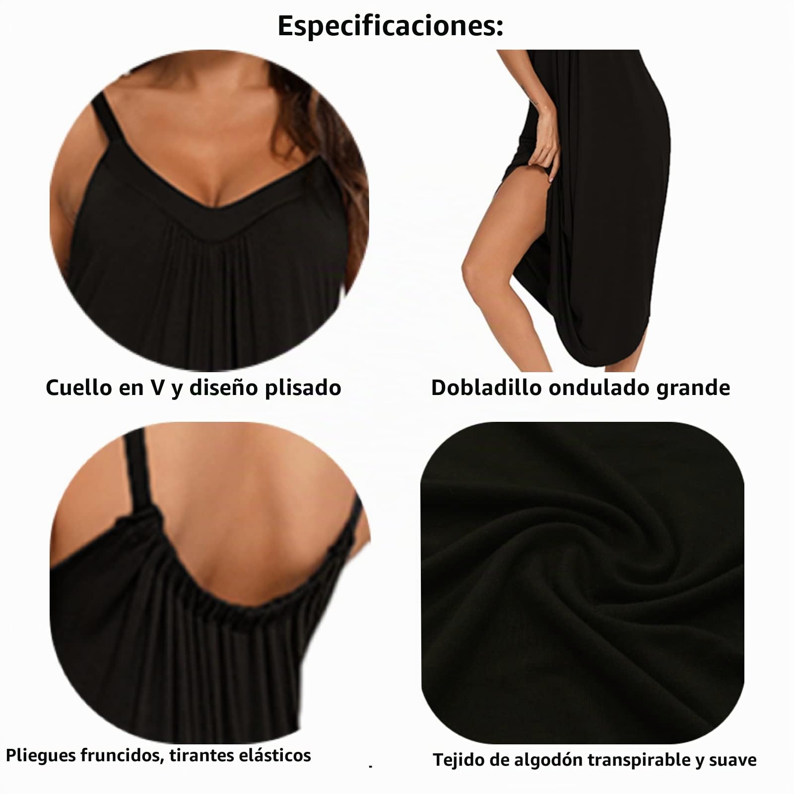 Jlowesun Camisones Largos De Mujer Verano, Camisones de AlgodóN Suave con Dobladillo Ondulado, Cuello En V, Deslizamiento Completo, Suelto, EláStico, con Tiras para Mujer Ropa De Dormir