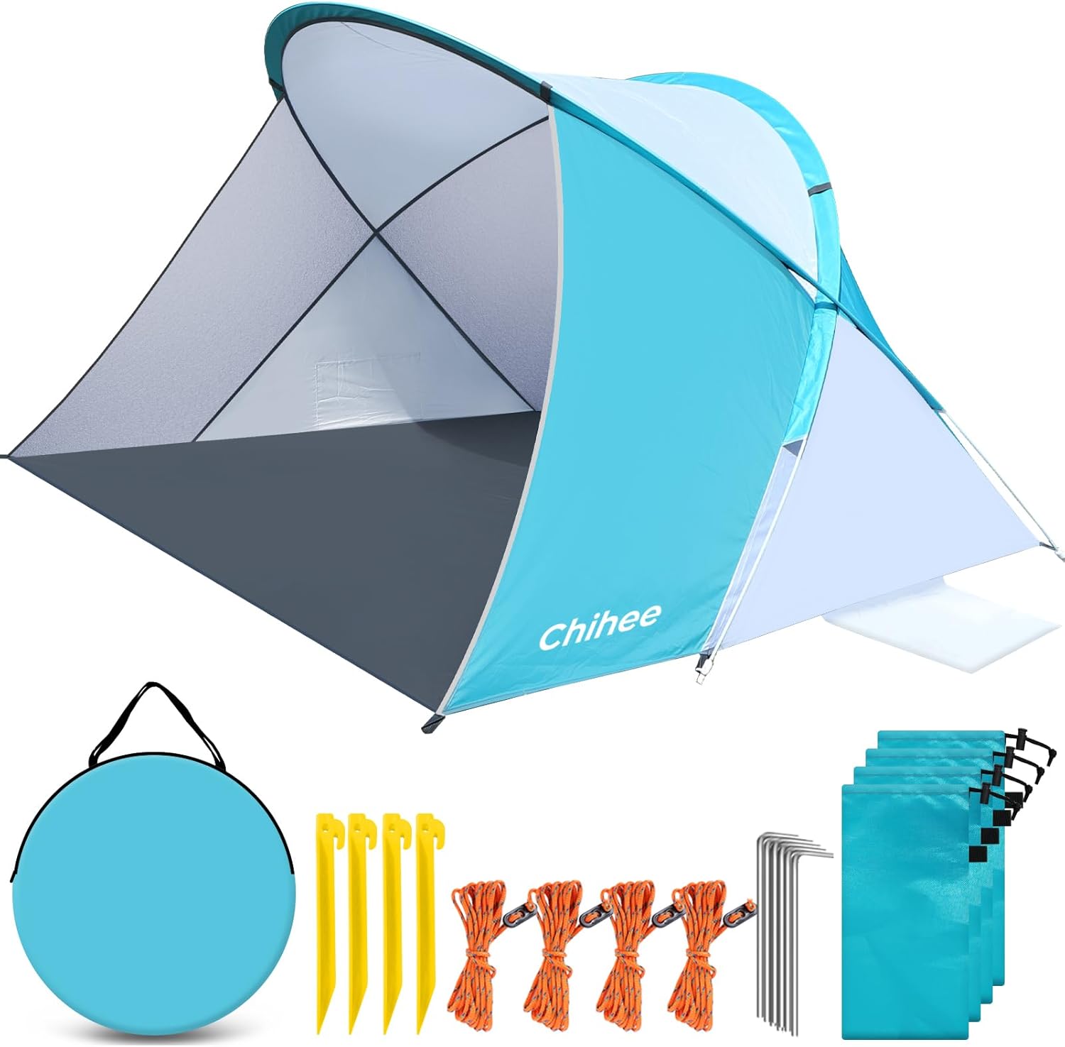 Chihee Pop-Up Beach Tent for 1-2 Person UV Protection Silver Coated Fabric Portable Sun Shelter,Crossed Fiberglass Poles Windproof Sandbags Ropes Pegs, Lightweight Instant Setup Beach Outdoor Shade