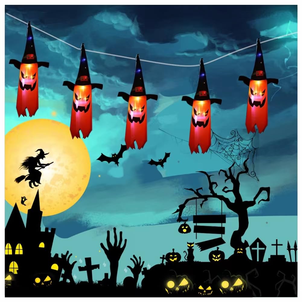 Halloween Decorations Outdoor Lights Hanging Ghost Decor with Witch Hats, 5 Pack Lighted Ghosts Halloween Decor Indoor for Home Porch Yard Garden（5PCS)