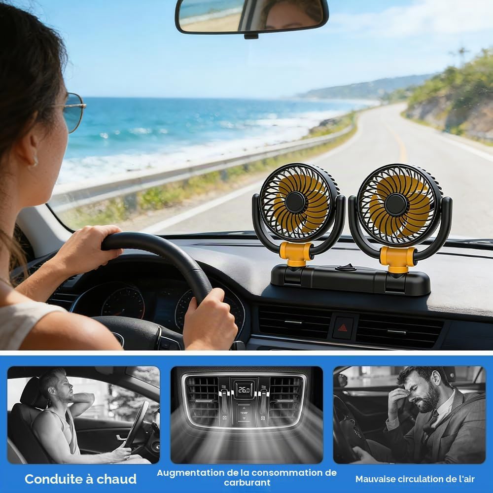 Ventilateur de voiture 12 V avec ventouse rotative à 360 °, ventilateur de voiture avec allume-cigare, puissant et silencieux pour camion, SUV, camping-car
