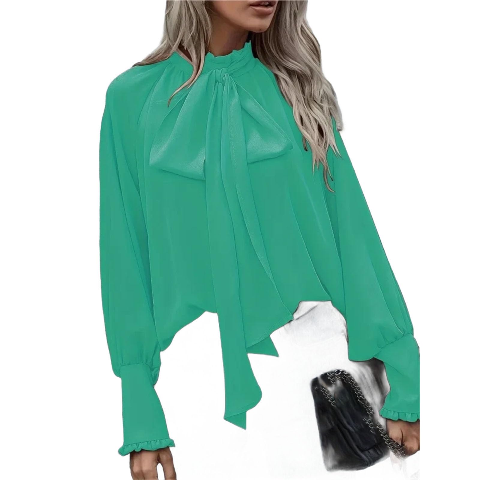 Camicia da donna a collo alto con fiocco e maniche a bolle allentata elegante top con scollo rotondo per abiti casual quotidiani