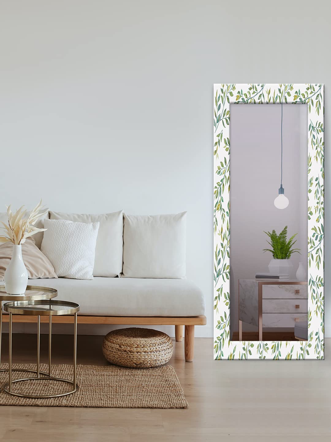 999STORE Printed Mirror Frames Hanging Mirror for Bedroom White Green Leaves Pattern Large Long Big Full Length Mirror (MDF_24X60 Inches) Mirror24X60218