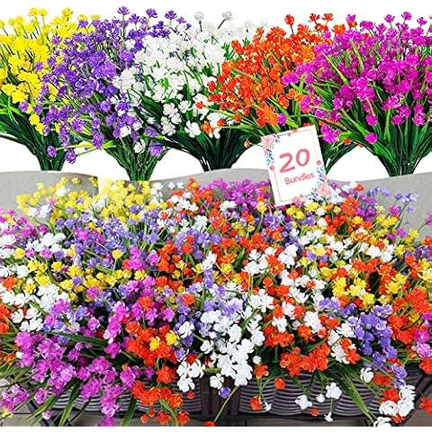 YIBUKIY 20 Bundles Artificial Flowers Outdoor Fake Flowers, UV Resistant No Fade Faux Plastic Greenery Shrubs Plants for Hanging Garden Porch Window Box Home Decor Cover