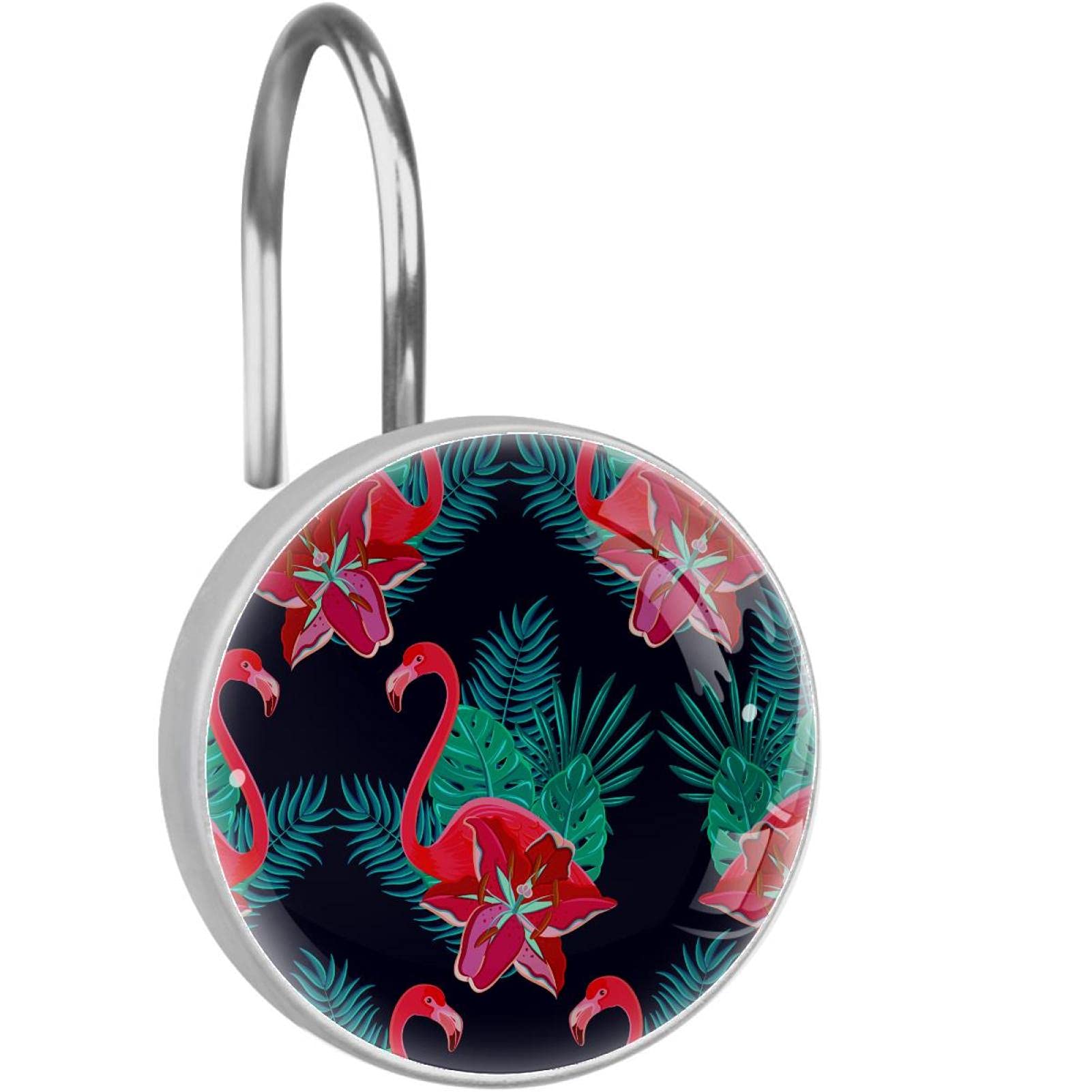 Crochets de rideau de douche double glissement flamant rose et hibiscus pour salle de bain exotique