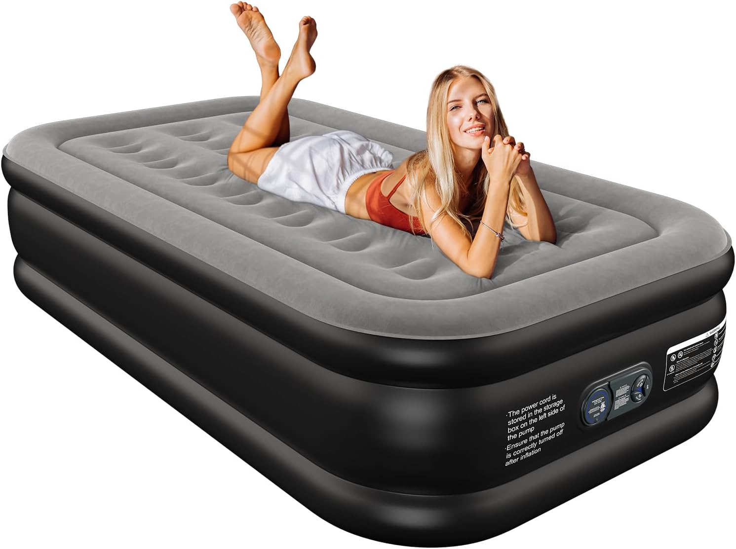 Twin Air Mattress Twin with Built in Pump 16" Double Height Inflatable Mattress with Soft Flocked Top & Carry Bag Adjustable Blow Up Mattress Portable Air Bed for Guest Indoor Travel-Black Twin 16 Inches - Gray & Black