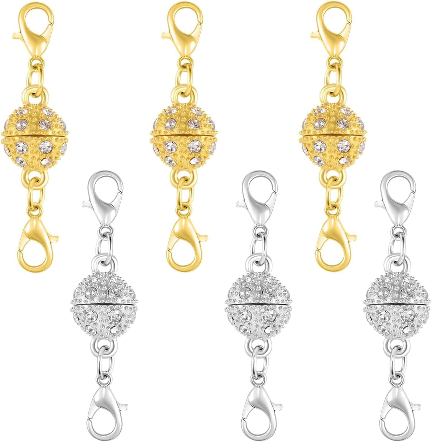 Magnetic Crystal Ball Jewelry Clasps Set, Gold and Silver Plated, Easy-to-Use Connectors with Lobster Closures for Necklaces (6pcs Golden Silvery)