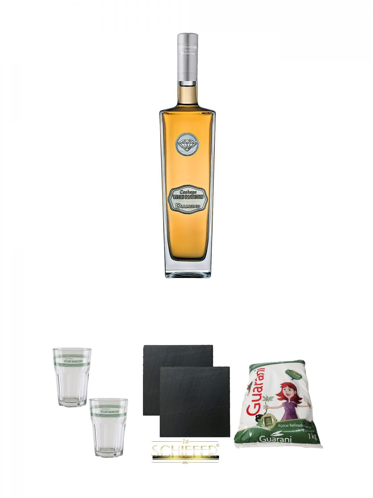 Velho Barreiro Cachaca Diamond 0,7 Liter + Velho Barreiro Caipirinha Glas 2 Stück + Schiefer Glasuntersetzer eckig ca. 9,5 cm Ø 2 Stück + Guarani Brasilien feiner Rohrzucker für Cocktails 1,0 Kg
