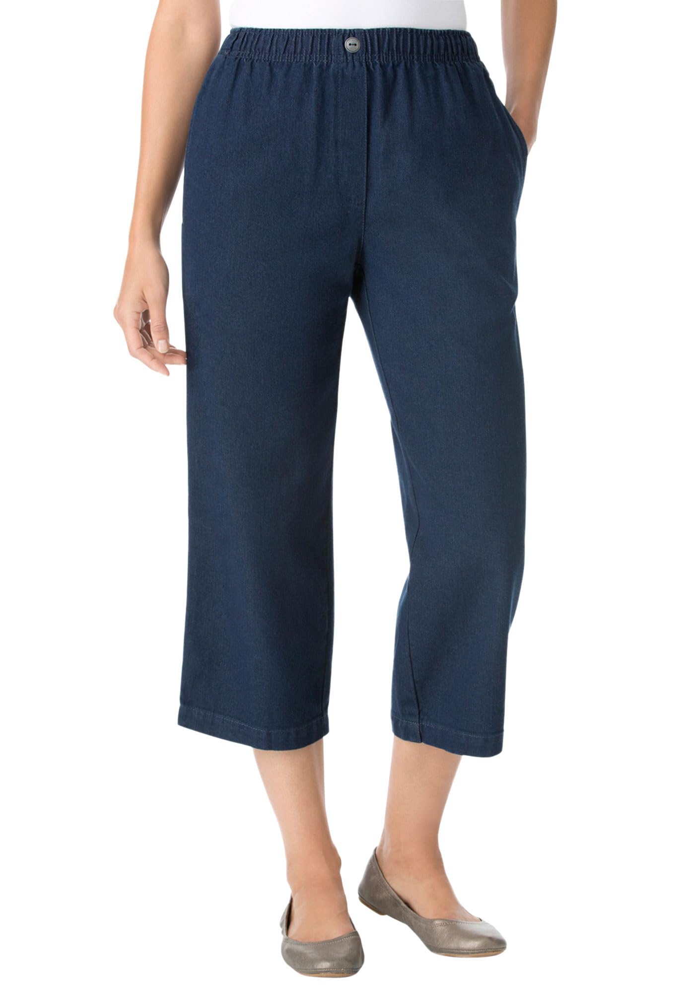 Woman Within Plus Size 7-Day Elastic-Waist Pull-On Cotton Denim Capri Jeans