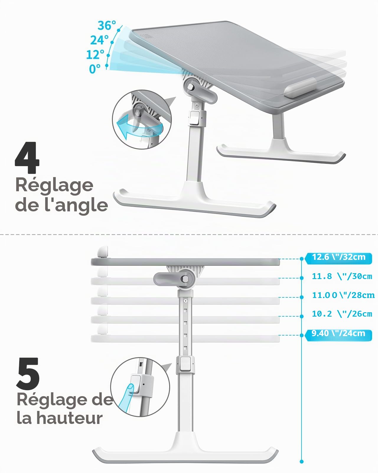 SAIJI Table de Lit Pliable Réglable Hauteur Angle Max 17'' Ordinateur Portable Gris 60x33cm