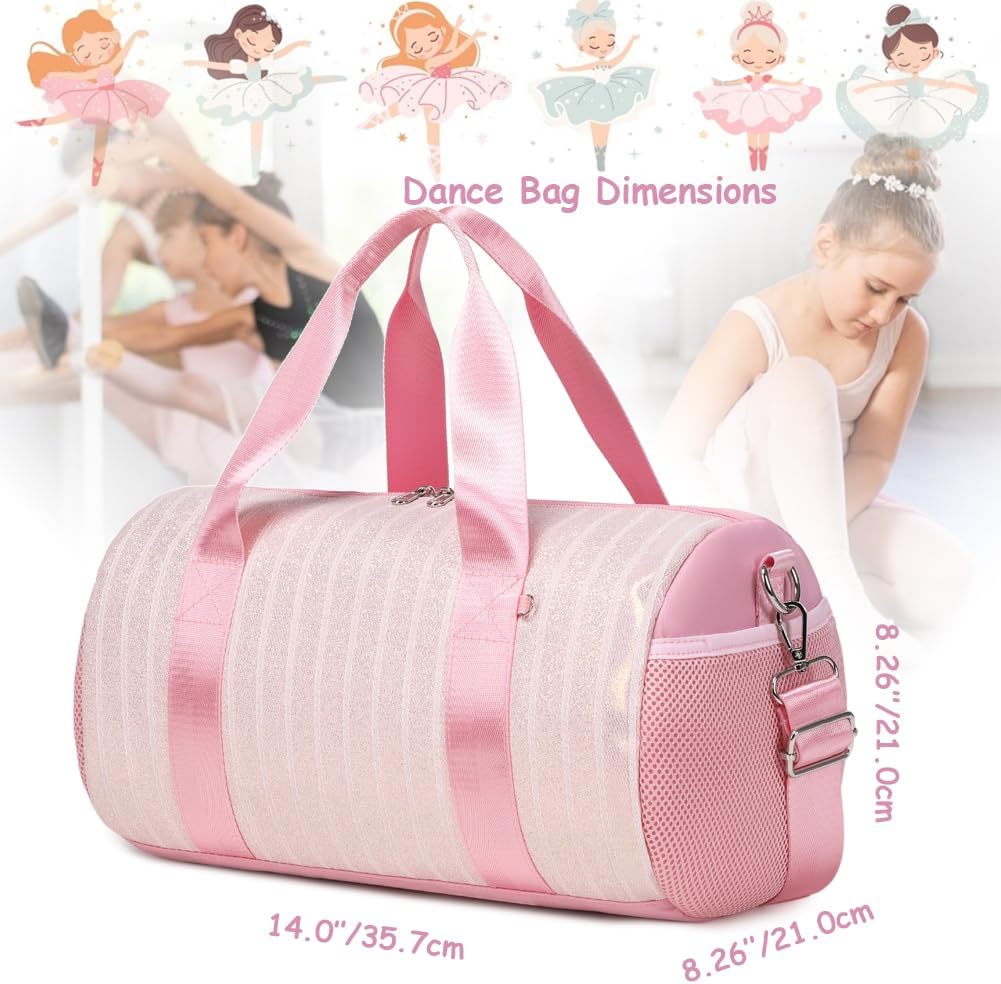 Dance Bag for Girls Dancers Ballet Bag Shiny Glitter Sports Gym Duffle for Little Girls Ballerina Duffel with Shoulder Strap and Furball Keychain - Image 2