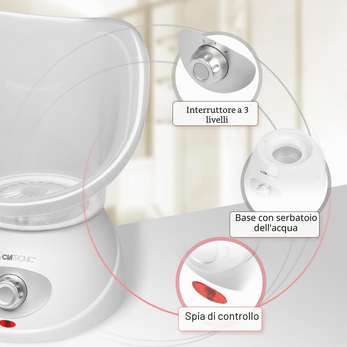 Clatronic GS 3656, inalatore per sauna facciale, inalatore, doccia nasale, rilassante con attacco aromatico, per bocca e naso, adatto per bambini, bianco», 130 watt