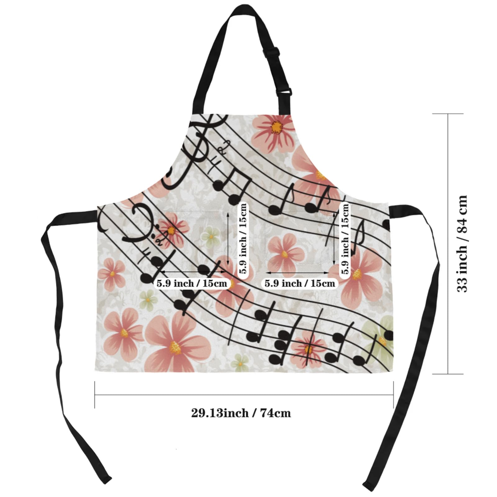 Aglebo Vintage Floral Musical Notes Chef Apron with Pockets Adjustable Shoulder Strap Waterproof Cooking Apron for Kitchen Baking Gardening Pottery Painting