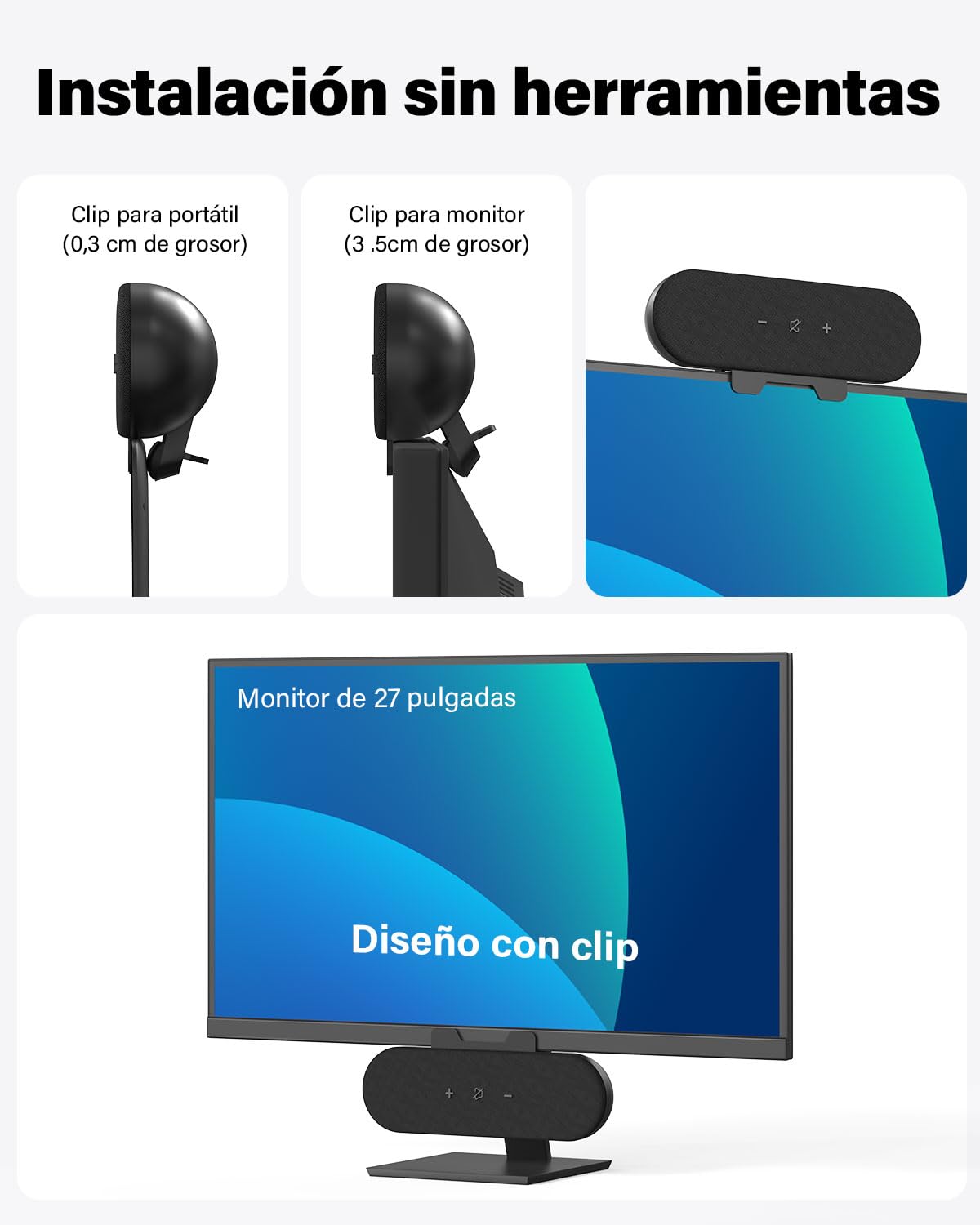 ZETIY Altavoz de PC de 12 W, barra de sonido con monitor USB, diseño de clip, mini caja de altavoces para portátil, sonido estéreo HD, Plug & Play para ordenador, escritorio y portátil