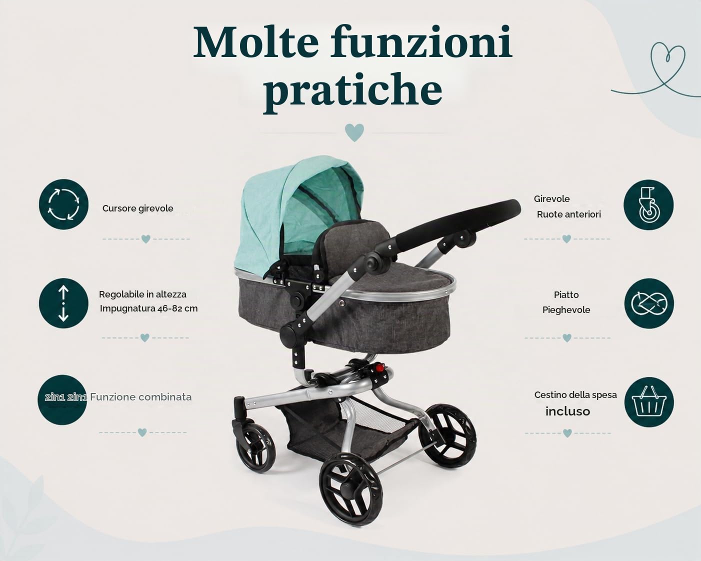 Passeggino per Bambole Yolo 2 in 1 per Bambini dai 4 agli 8 Anni, Melange Antracite/Menta