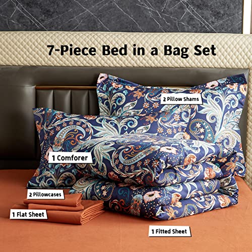 Gusuhome 7 Piece Paisley Flower Comforter Bed In A Bag Set King Size Luxury Dark Blue Vintage Floral Boho Medallion Comforter Set Soft & Breathable Microfiber Bedding Set For Woman Adults thumb #1