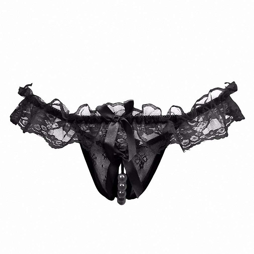 AkovichFarh Women Pearl Lace Bowknot Beads Lace Panties Erotic Thong Lingerie Underwear, Bk, M-L