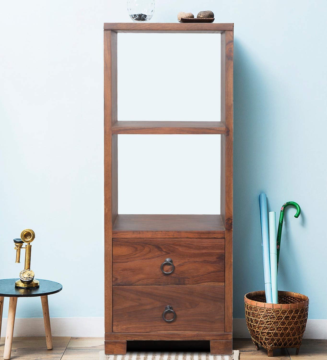Ladia Woods Solid Sheesham Wood 2-Tier Open Book Shelf with Storage Drawers | Multipurpose Display & Organizer Rack| Living Room Bookcase with 2 Drawers & 2 Shelves Storage | Honey Brown Finish-image-21