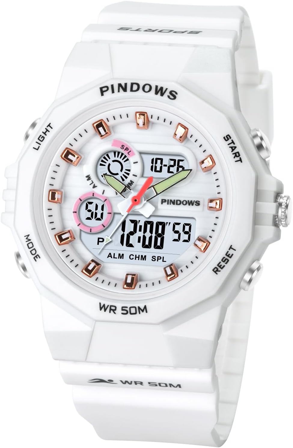 PINDOWS Women's Digital Sports Watch in white