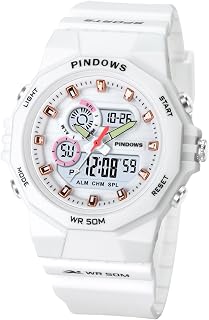 PINDOWS女性腕表，50米防水规格，户外数字运动手表，多功能，LED背光，日历，带闹钟的腕表，秒表, 白, 经典的