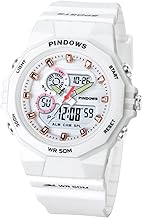 PINDOWS Watches for Women, 50M Waterproof Outdoor Digital Sport Watch, Multi-Function LED Backlight Wrist Watch with Calendar, Alarm, and Stopwatch, white, Classic