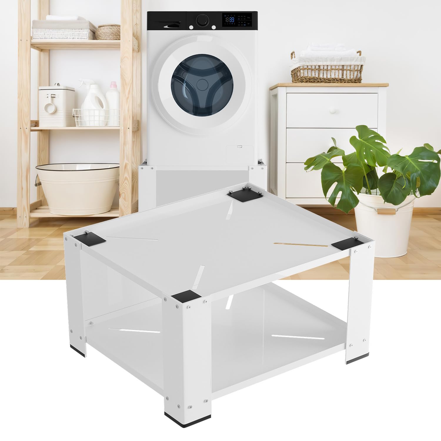 Waschmaschinensockel 60×60×40 cm, bis 150 kg tragfähig, Sockel für Waschmaschine & Wäschetrockner, mit Einlegeboden & Gummipolster, weiß
