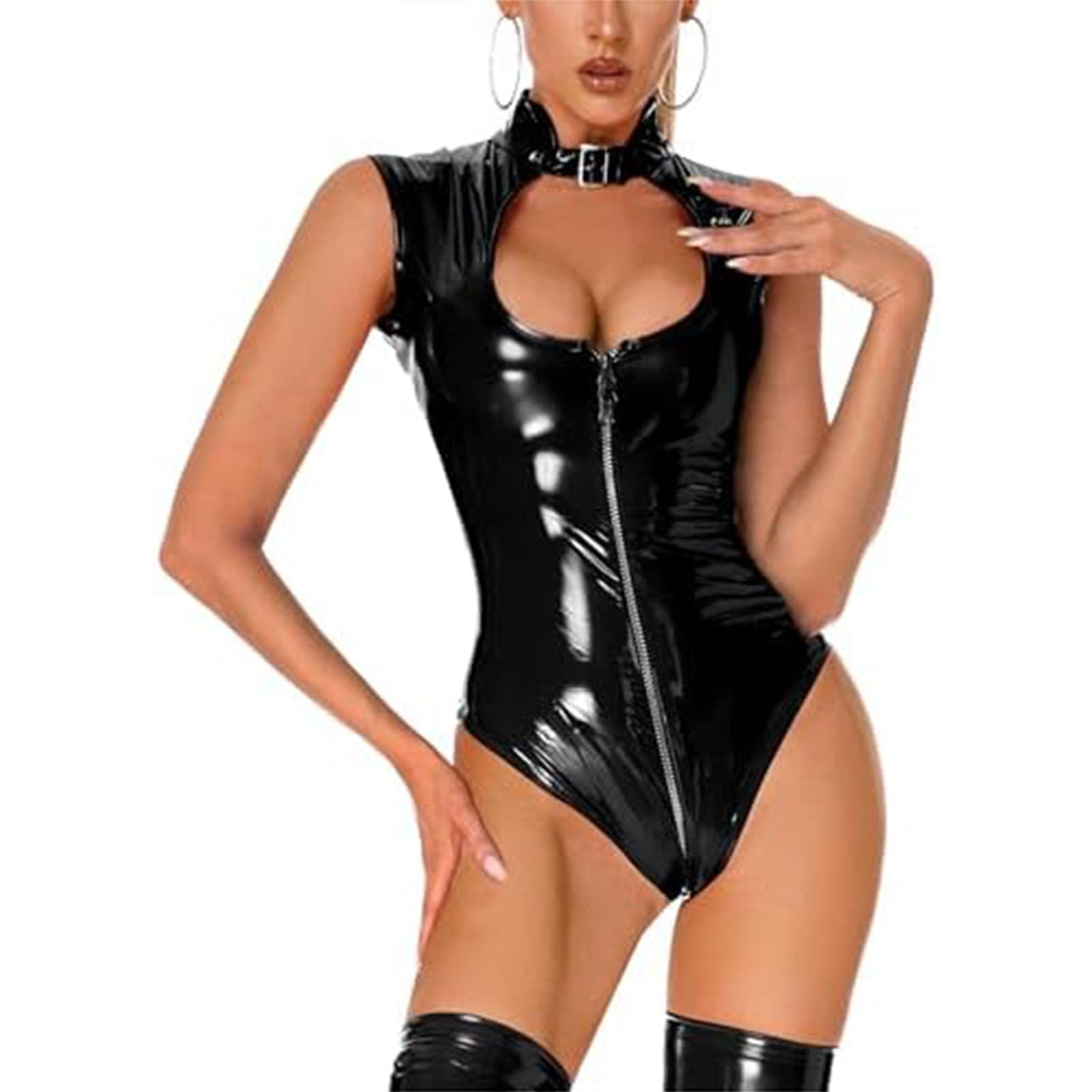 Generico Body in Lattice da Donna Body Sexy in Pelle Lucida NZA Maniche Body Elasticizzati alla Moda Cerniera Frontale Sexy Costumi da Discoteca,001,XL
