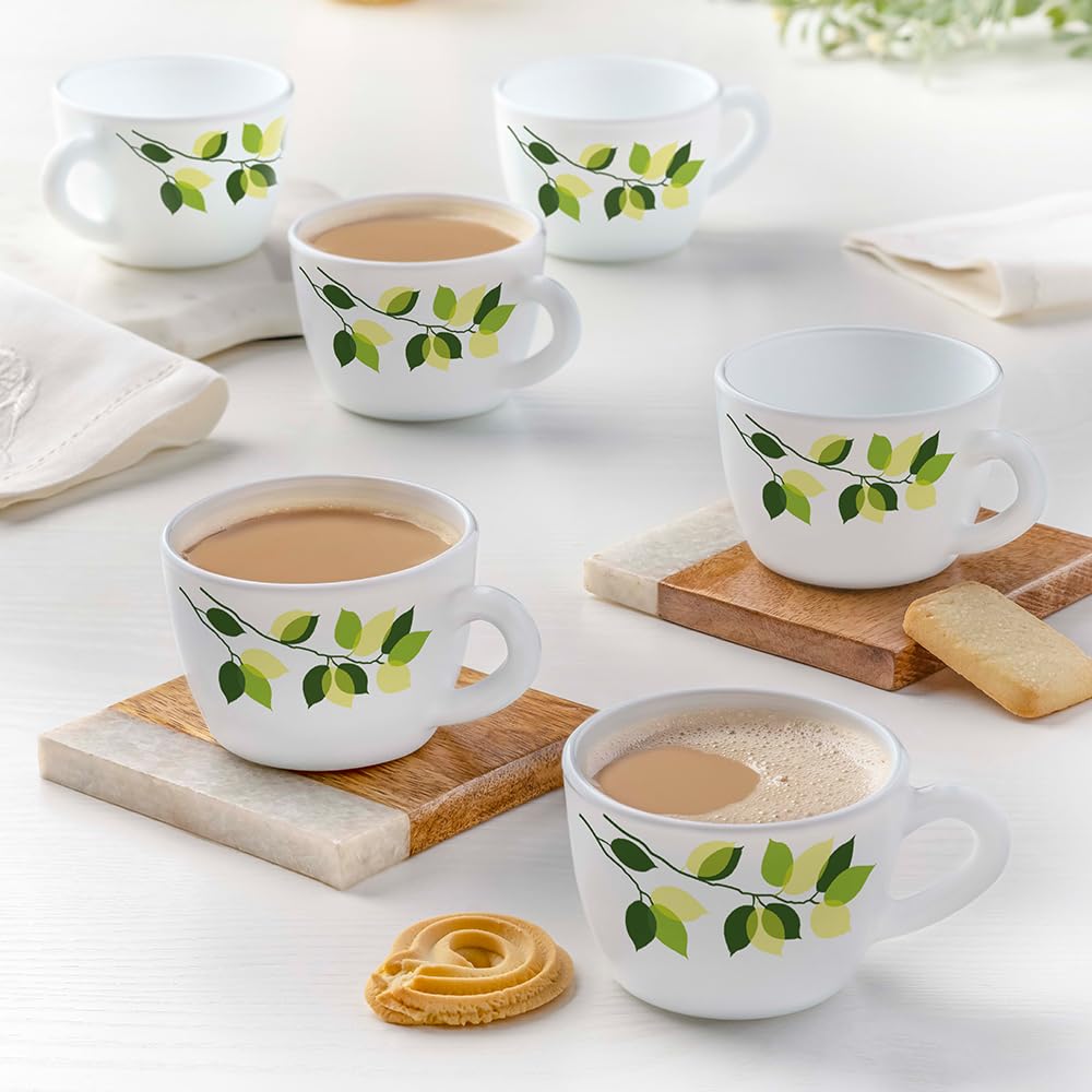 Larah by BOROSIL Silk Series Green Leave Opalware Tea/Coffee Cups Set of 6 pcs 140 ml Each | Microwave & Dishwasher Safe, Bone-Ash Free | Crockery Set Ideal for Daily Use & Gifting, White (B0C54YQJYG) Amazon Price History, Amazon Price Tracker